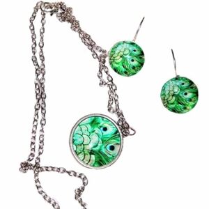 SET of 2: Peacock Earrings and Necklace
